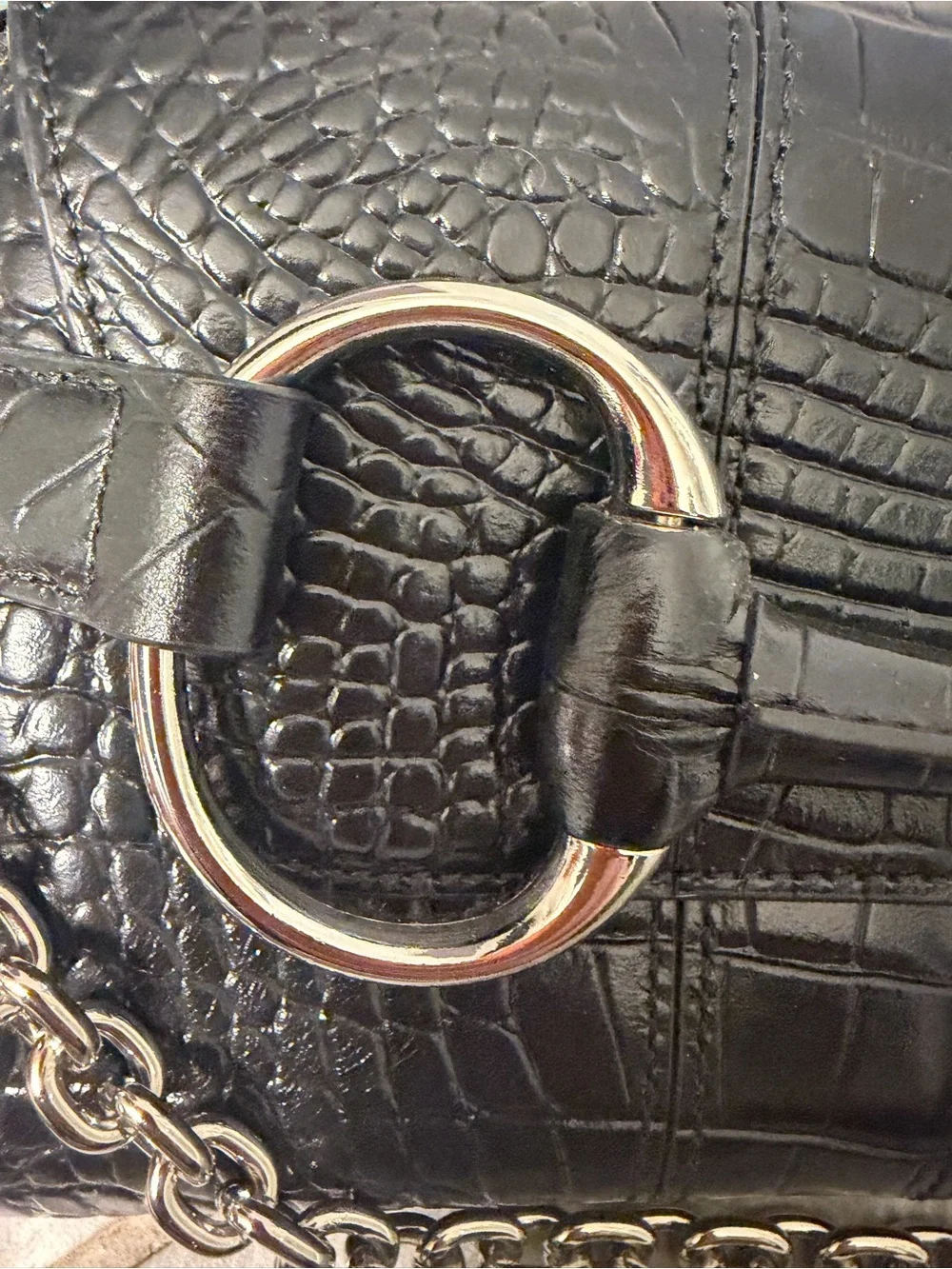 Croc-Embossed Black Leather Clutch with Silver Chain Accent